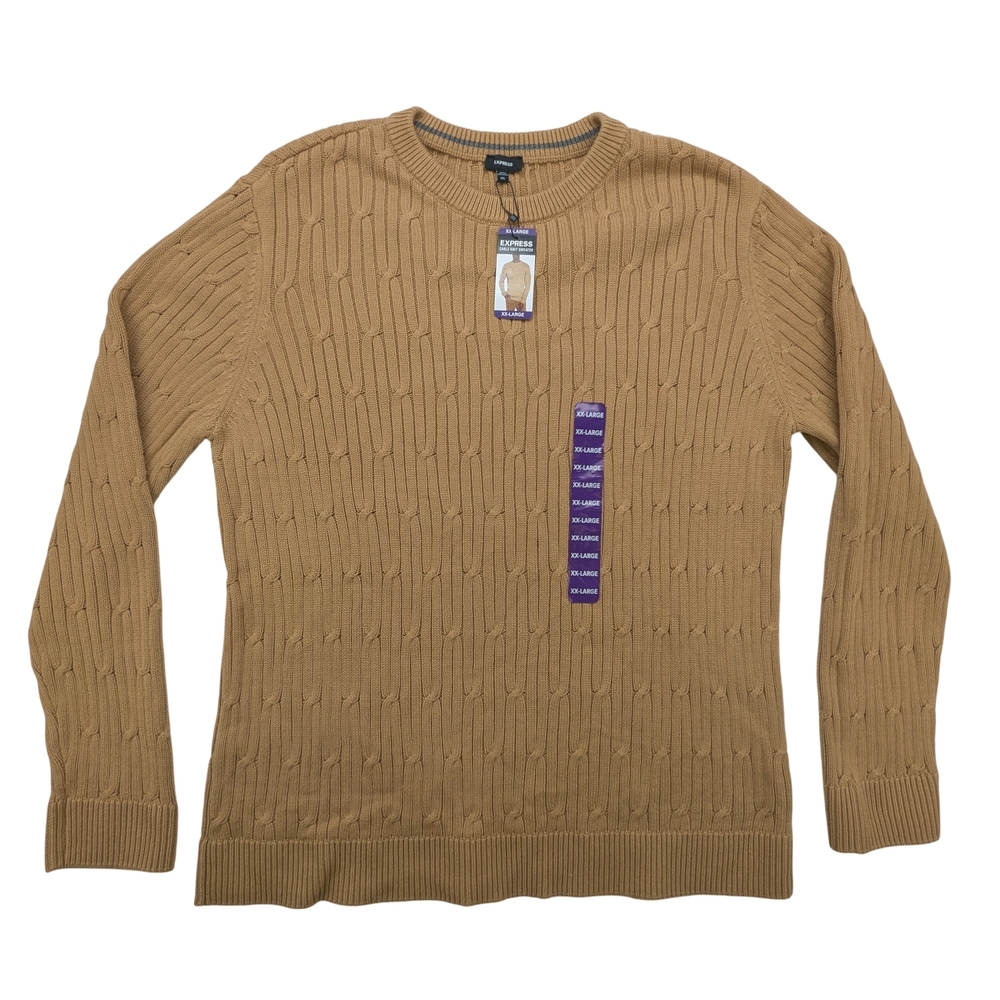 Express Sweater Mens 2XL Cable Knit Crewneck Pullover Tan Knit New NWT Cotton